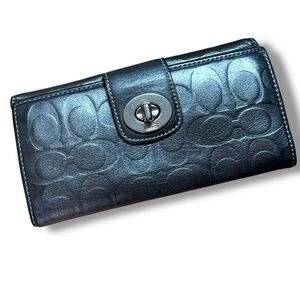 COACH Gunmetal Grey Genuine Leather Long Wallet Multi Pocket Turn Lock